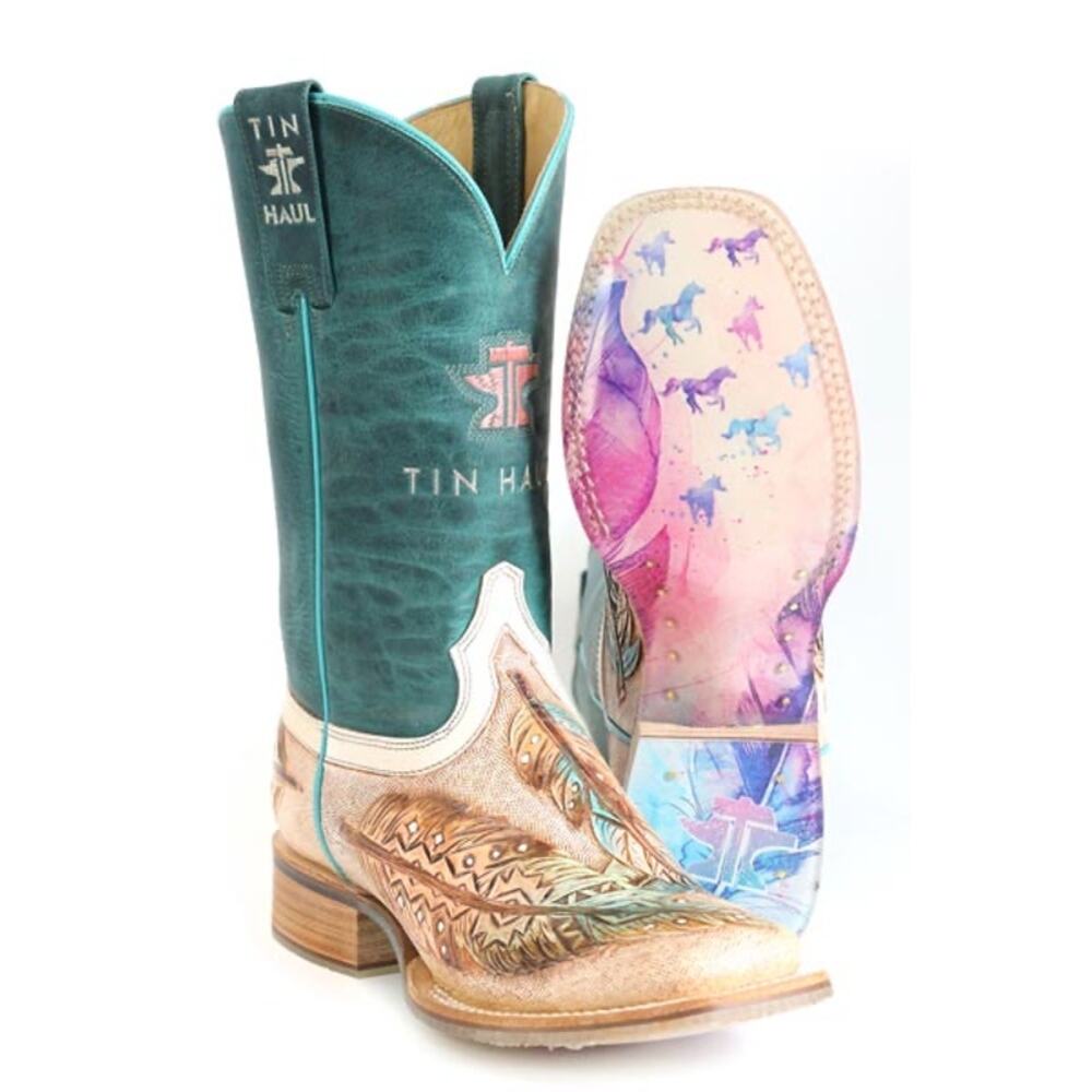 NEW Tin Haul Birds Feather Boots Magical Horses Sole Western Cowgirl‎ Square Toe